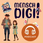 Podcast Cover Mensch Digi mit illustrierten Vater und Tochter Motiv auf hellrotem Hintergrund