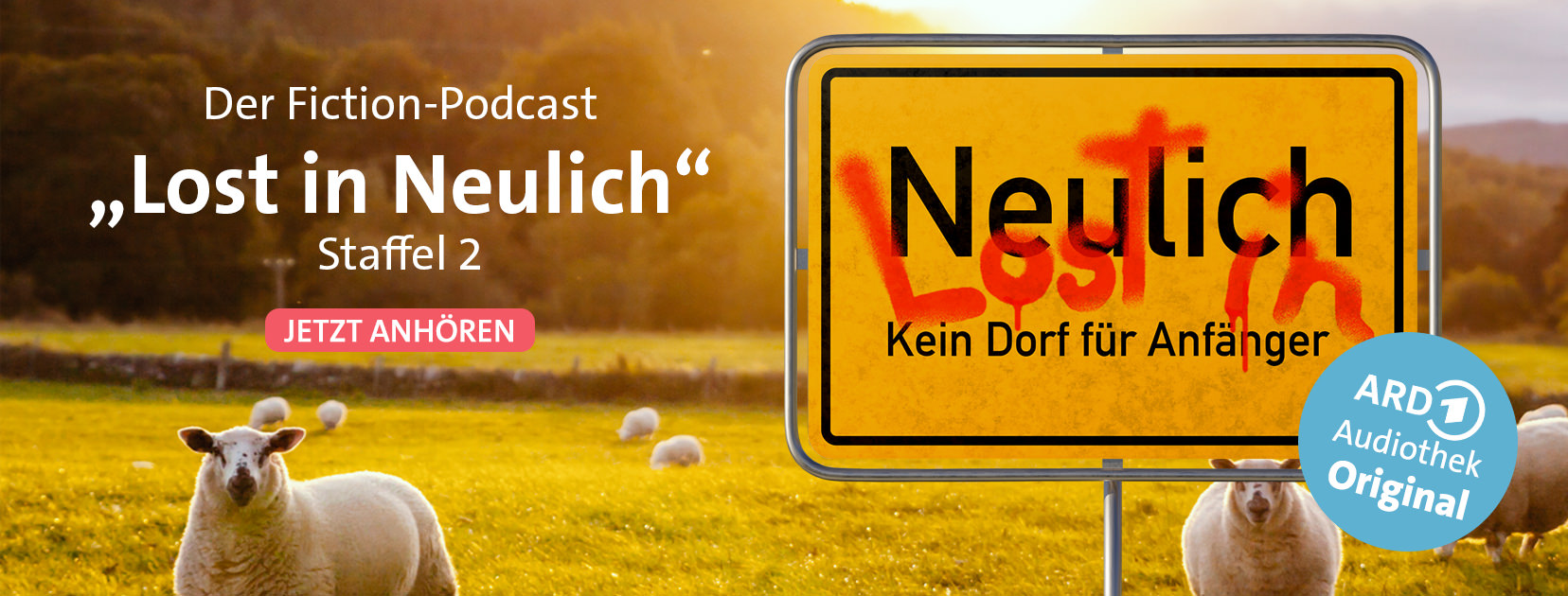 Banner Lost in Neulich with sheep on a pasture, town sign Neulich