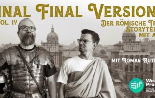 Vorankündigung des Netzwerkevents Final Final Version 2 - mit Sven Sommer und Michael Viol, beide in alt-römischer Kleidung. Ritterrüstung und Toga.